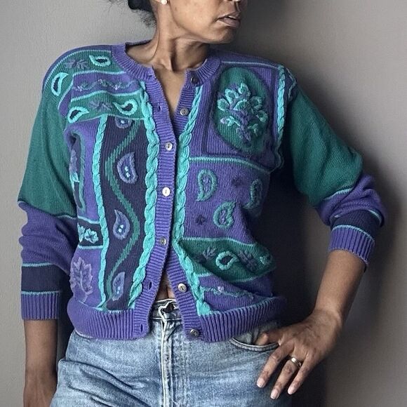 Vintage Lucia Cardigan Sweater Textured Knit Paisley Cottagecore Gran Womens M - Picture 10 of 11